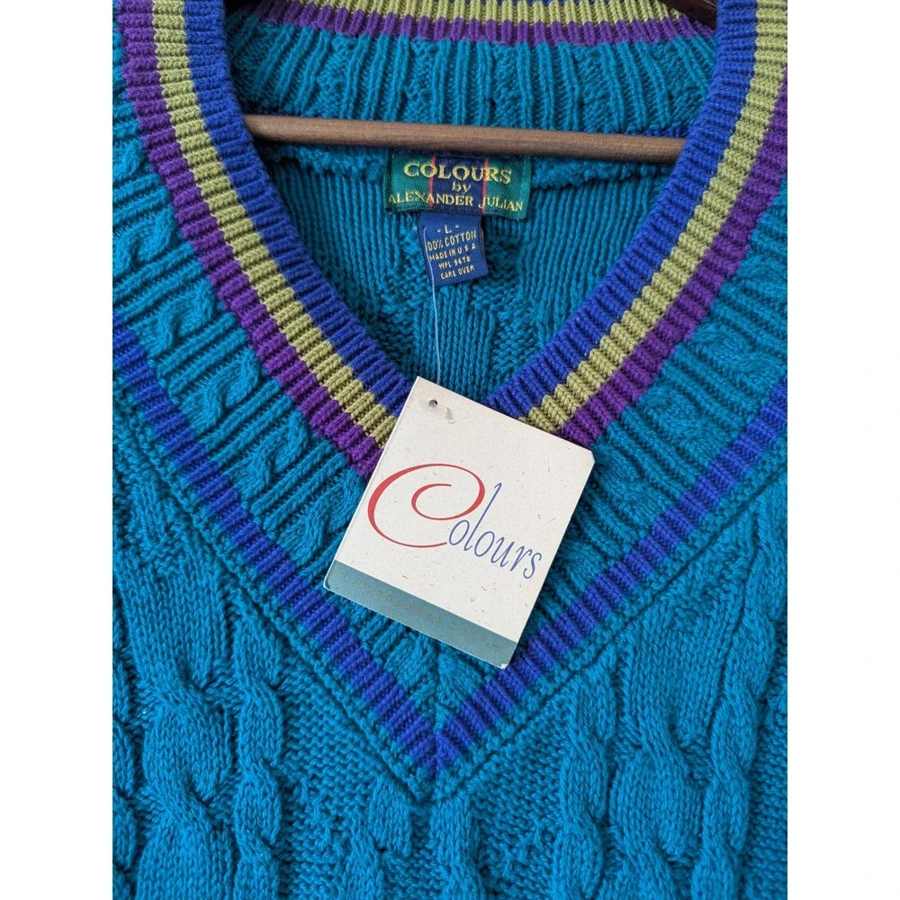 Colours Alexander Julian Sweater Mens L Teal Vintage 90 Cable Knit Cotton Crosby
